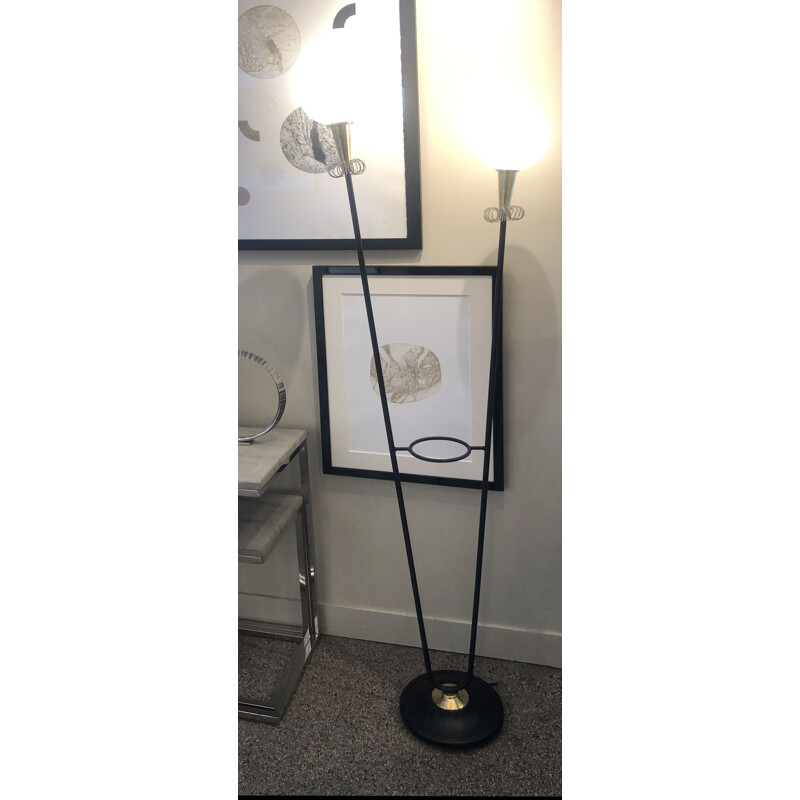 French vintage black metal and glass floorlamp