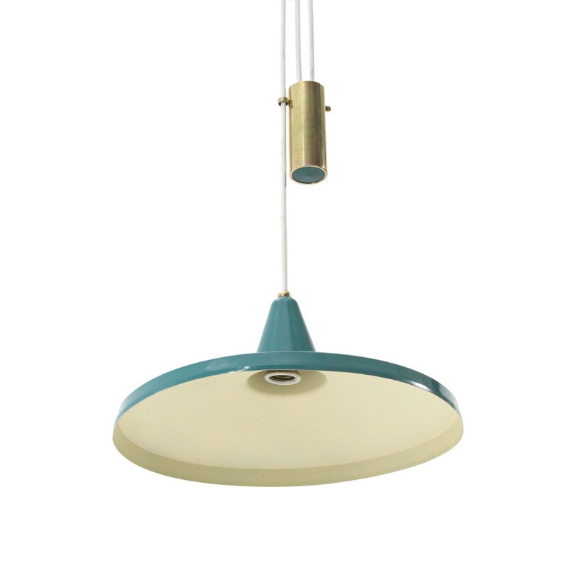 Vintage italian green pendant lamp in brass and aluminium 1950