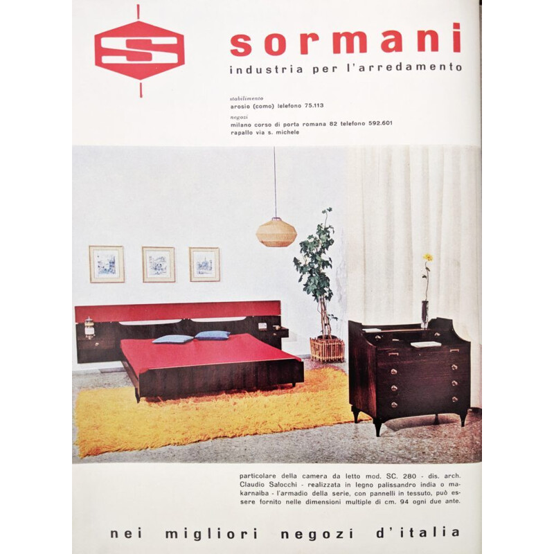 Cama vintage en madera y tela de Claudio Salocchi para Sormani, Italia 1960