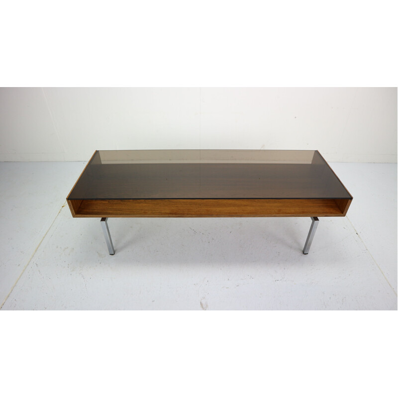 Vintage coffee table in smoked glass and rosewood 1970