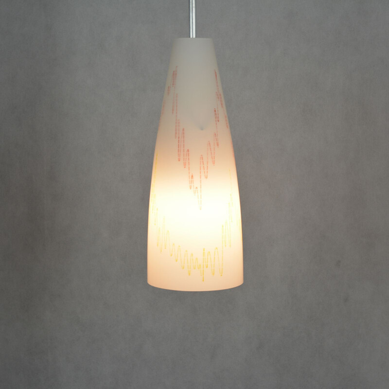 Vintage white hanging lamp in glass and aluminium 1960