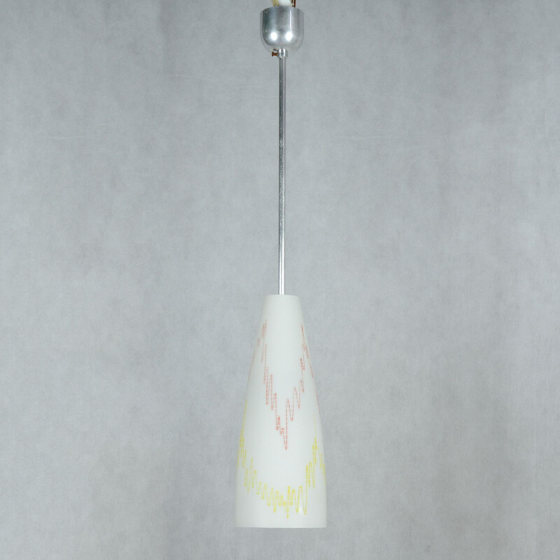 Vintage white hanging lamp in glass and aluminium 1960