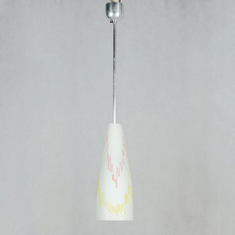 Vintage white hanging lamp in glass and aluminium 1960