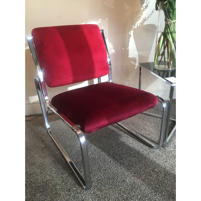 Vintage red velvet armchair without arm 1970