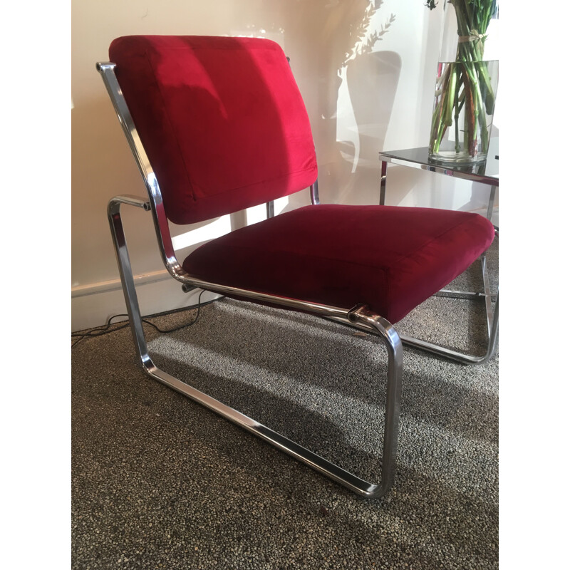 Vintage red velvet armchair without arm 1970