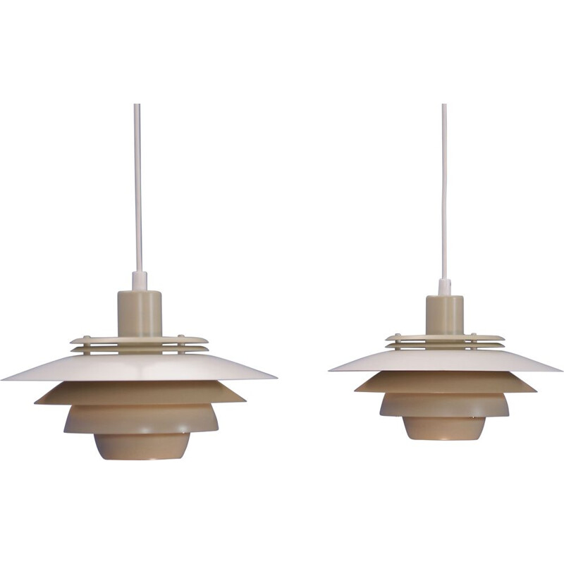 2 vintage Danish pendant light in white and beige by Jeka,1970