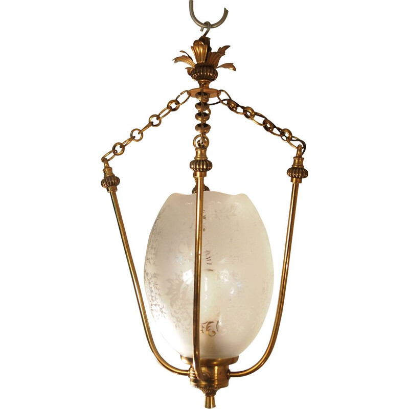 Lámpara de suspensión vintage de latón y cristal, 1930
