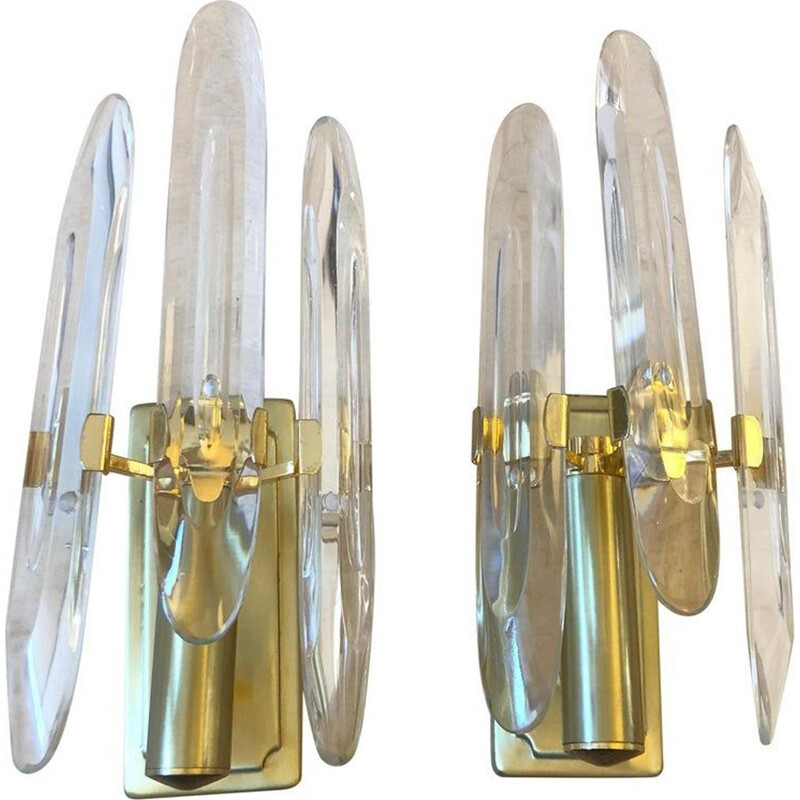 Set of 2 vintage wall lamps in brass and glass Italy 1960