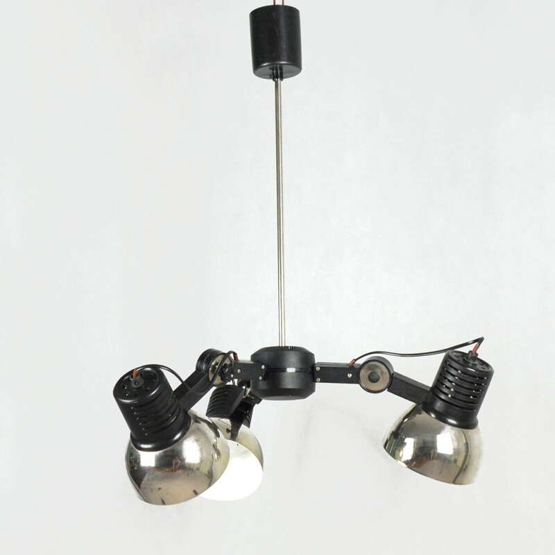 Vintage chandelier 27.B for Polamp Pułtusk in black metal and plastic 1970