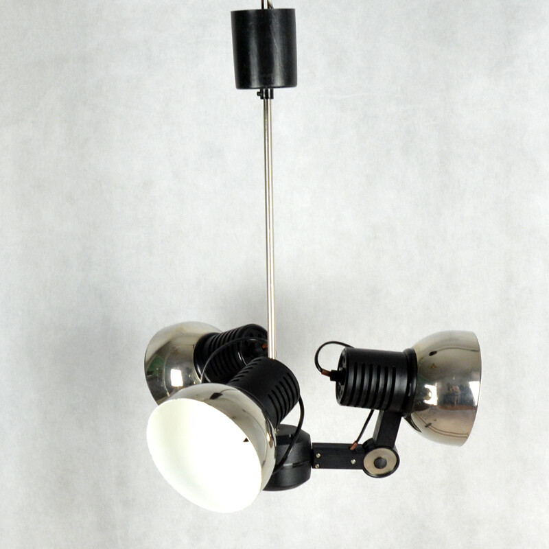 Vintage chandelier 27.B for Polamp Pułtusk in black metal and plastic 1970