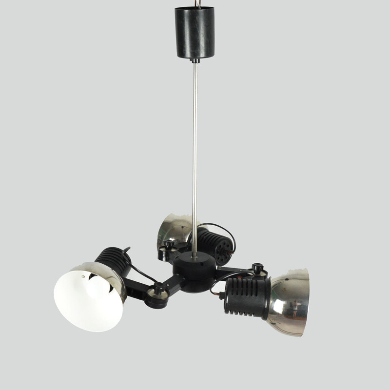 Vintage chandelier 27.B for Polamp Pułtusk in black metal and plastic 1970