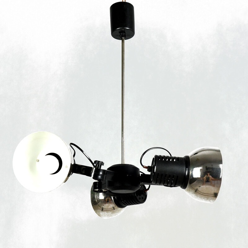 Vintage chandelier 27.B for Polamp Pułtusk in black metal and plastic 1970