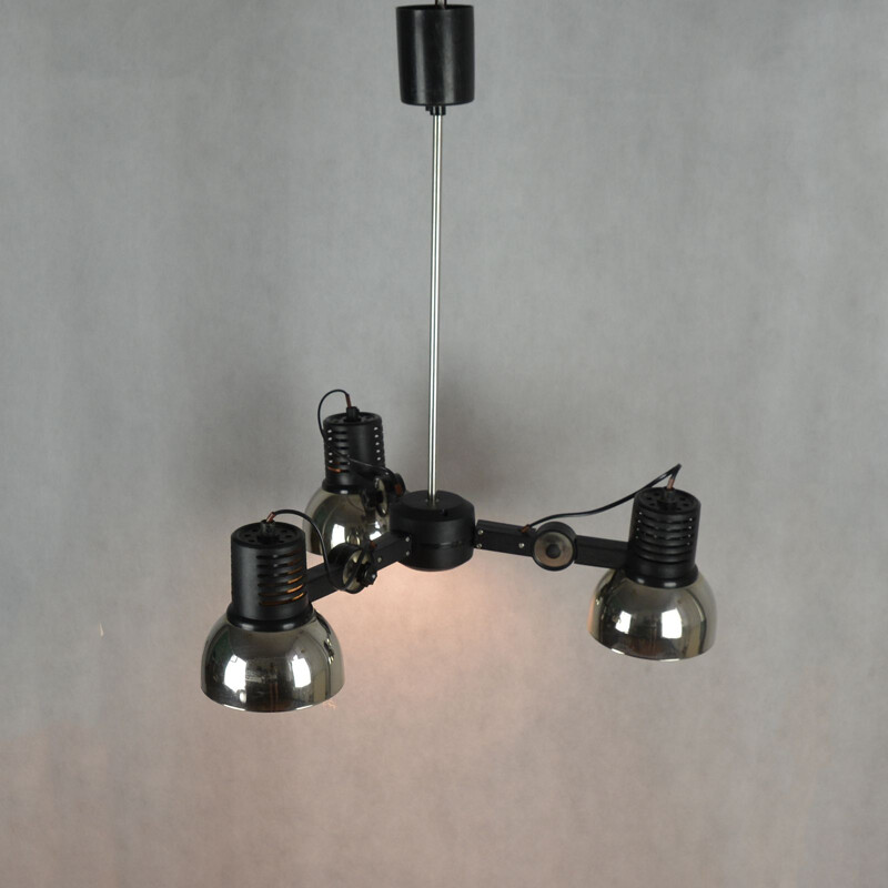 Vintage chandelier 27.B for Polamp Pułtusk in black metal and plastic 1970