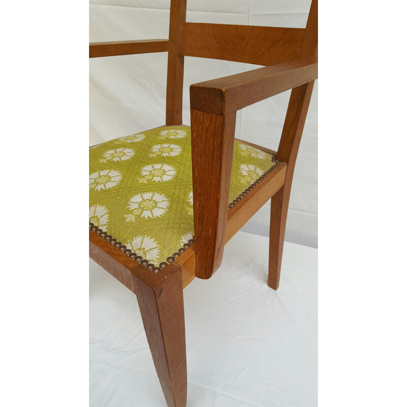 Vintage chair with armrests in oakwood and green fabric, René GABRIEL - 1940s