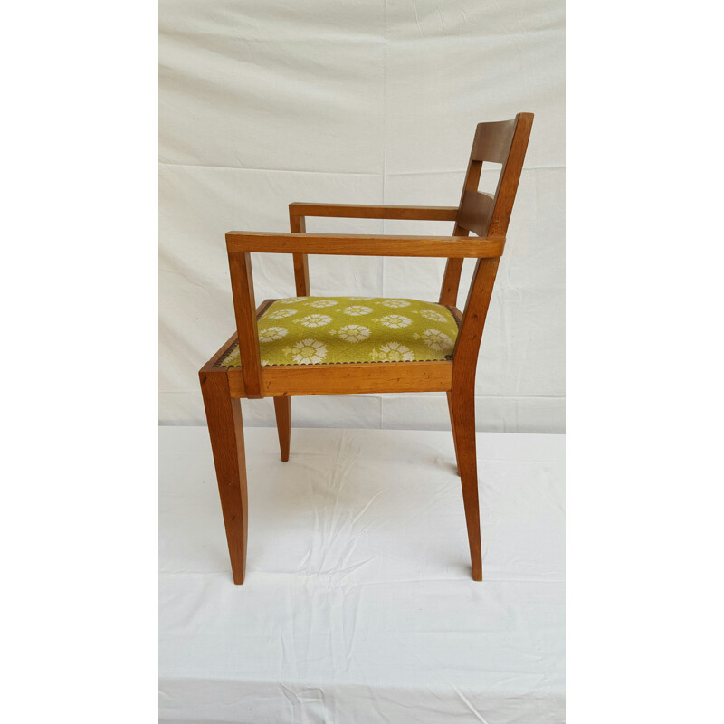 Chaise à bras en chêne et tissu vert, René GABRIEL - 1940