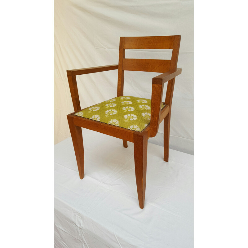 Vintage chair with armrests in oakwood and green fabric, René GABRIEL - 1940s