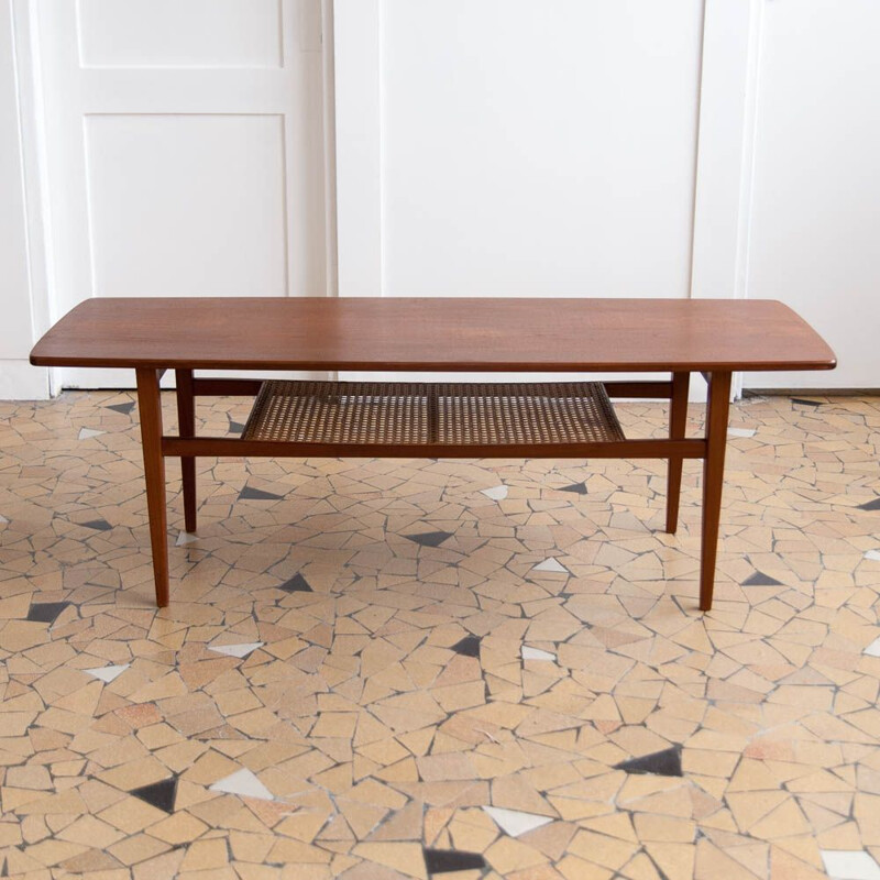 Vintage scandinavian teak and cannage coffee table 1960