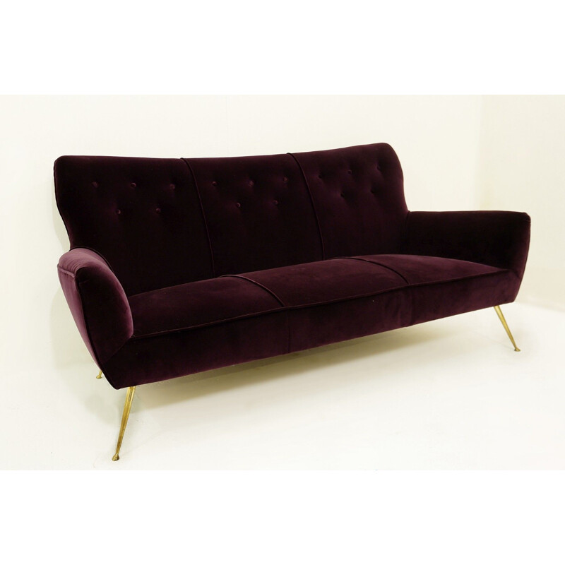Italian vintage sofa in burgundy velvet and brass 1950