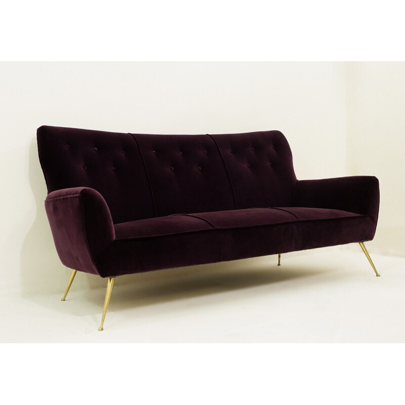 Italian vintage sofa in burgundy velvet and brass 1950