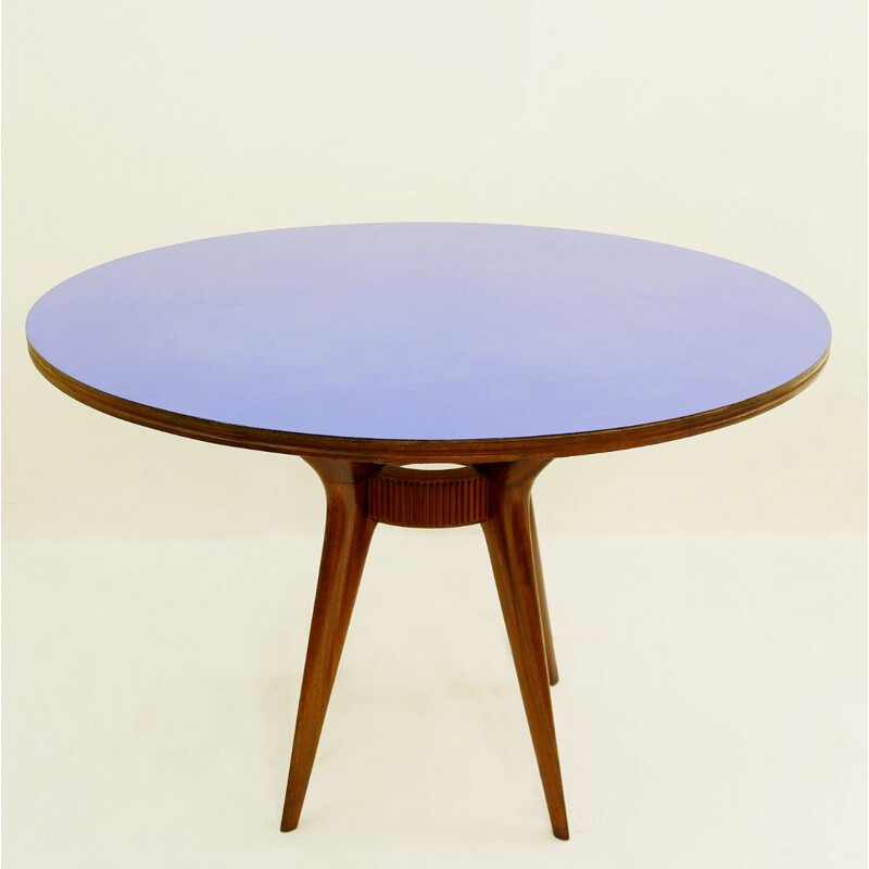 Vintage dining table round with blue formica top Italy 1950s