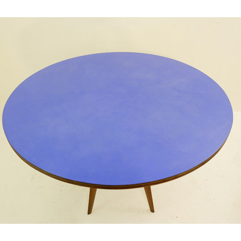 Table à repas vintage ronde Italienne avec top en formica bleu 1950