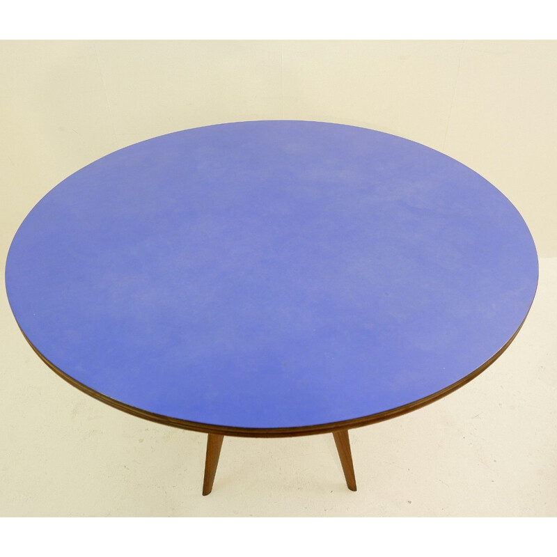 Vintage dining table round with blue formica top Italy 1950s