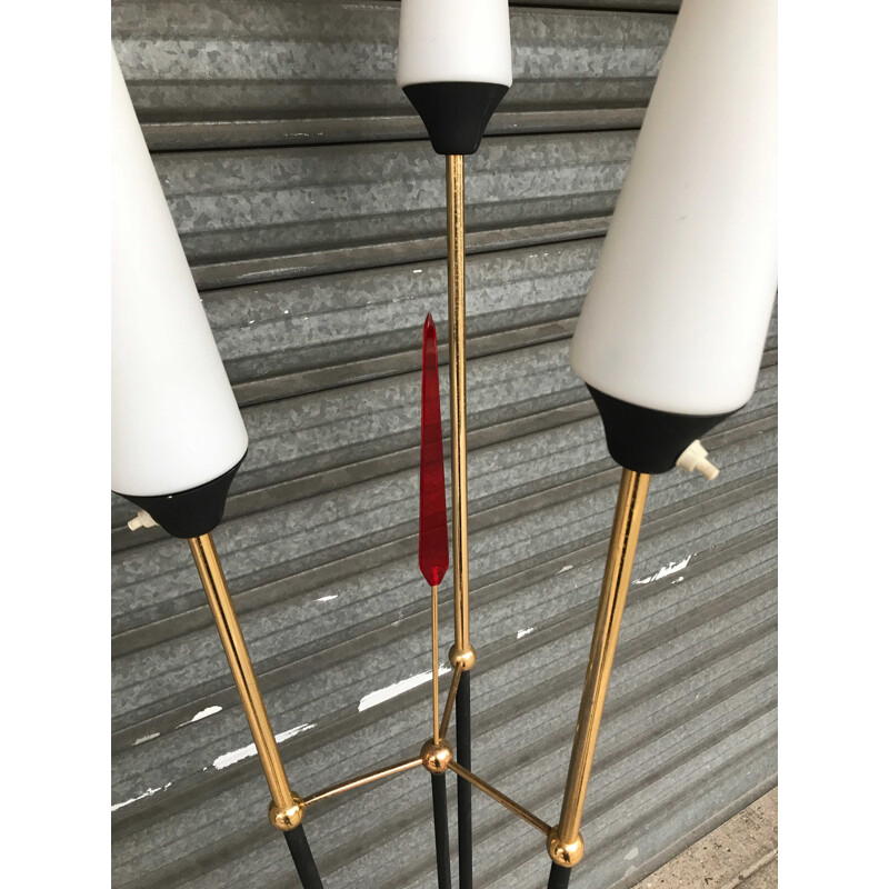 Vintage floor lamp black metal and brass 3 opaline cones 1950s 