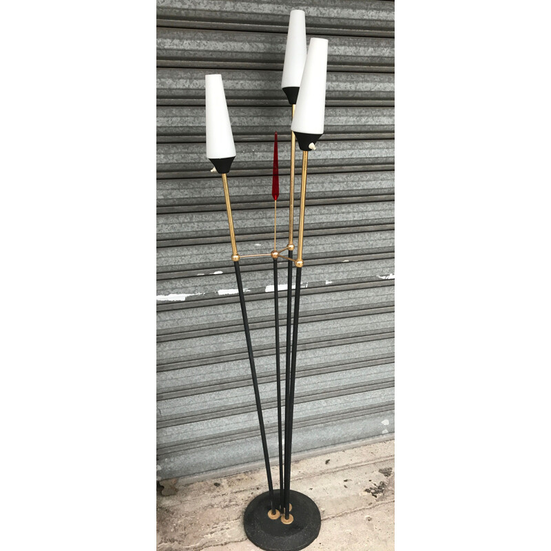 Vintage floor lamp black metal and brass 3 opaline cones 1950s 