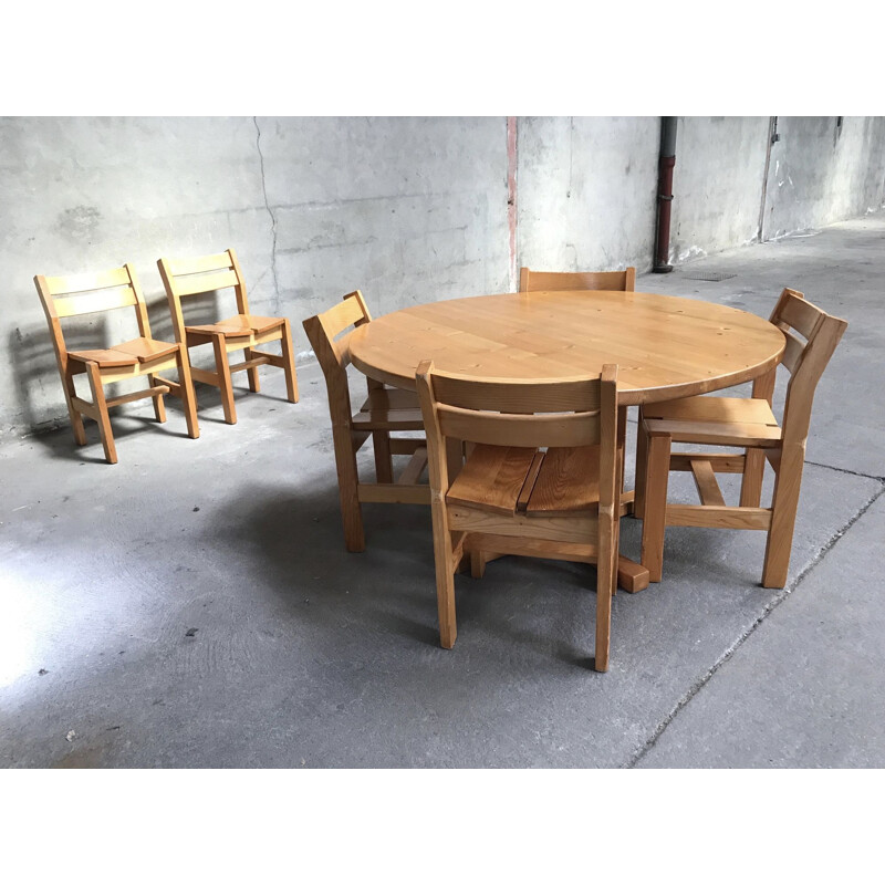 Ensemble table et chaises vintage en sapin par Roland Haeusler pour Regain