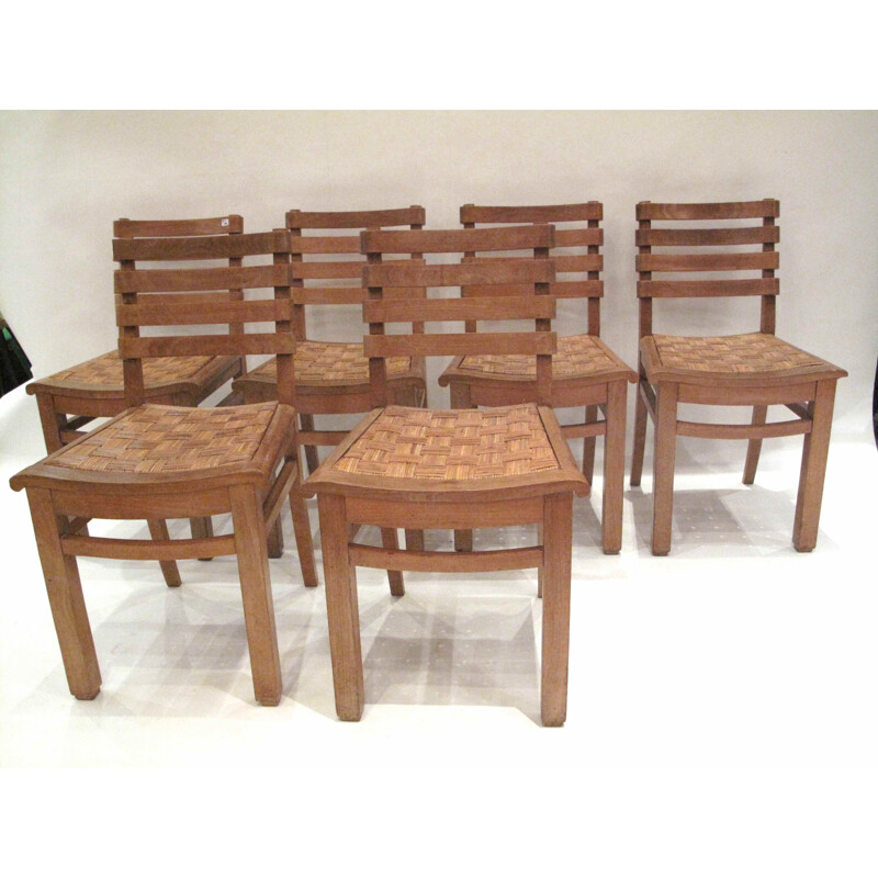 Set of 6 vintage chairs in oak and cane France 1940