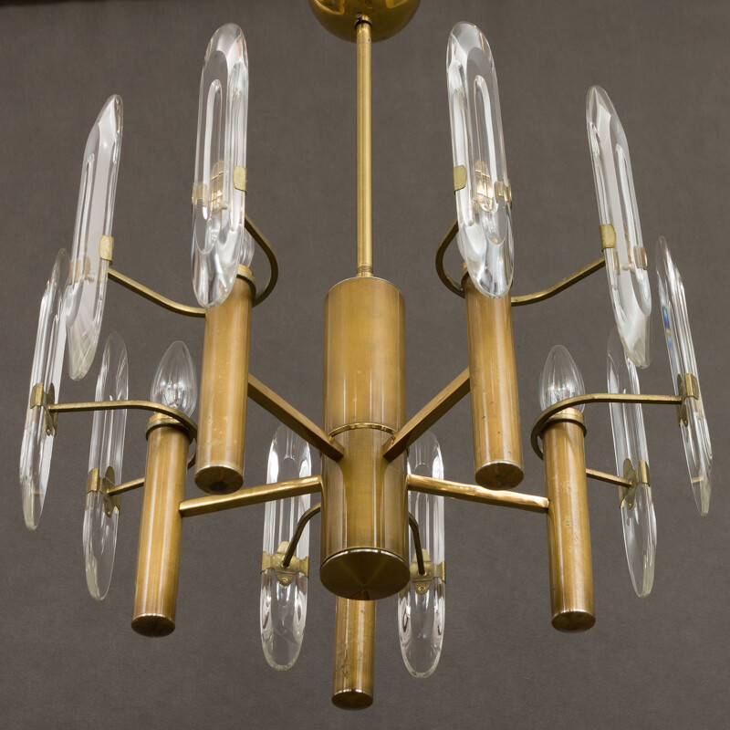 Vintage chandelier in brass and crystal Gaetano Sciolari Italy 70s