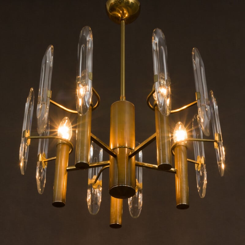 Vintage chandelier in brass and crystal Gaetano Sciolari Italy 70s