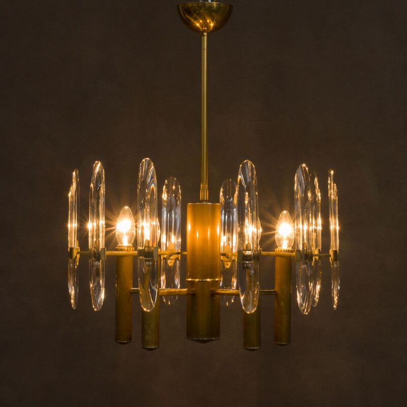 Vintage chandelier in brass and crystal Gaetano Sciolari Italy 70s