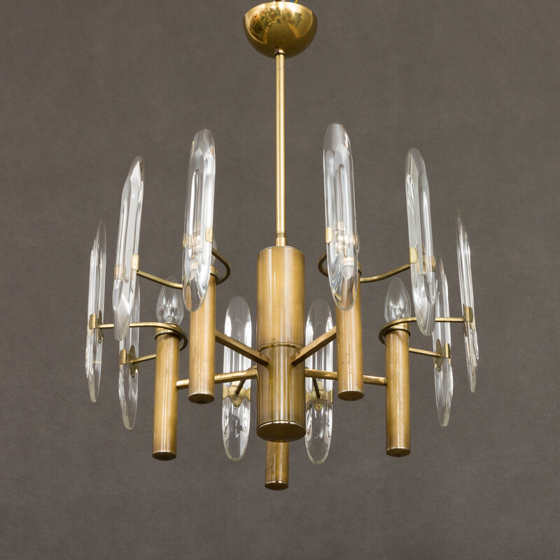 Vintage chandelier in brass and crystal Gaetano Sciolari Italy 70s