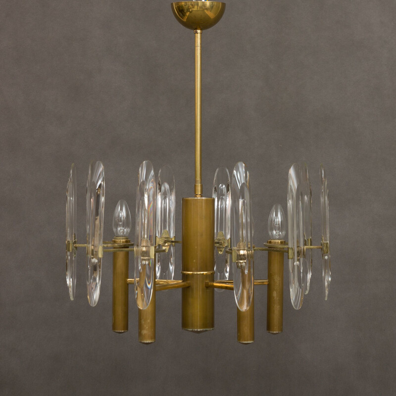 Vintage chandelier in brass and crystal Gaetano Sciolari Italy 70s