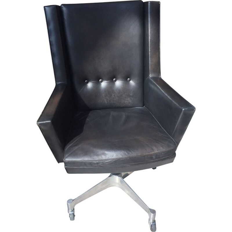 Vintage desk chair Jules Wabbes black leather 1960 