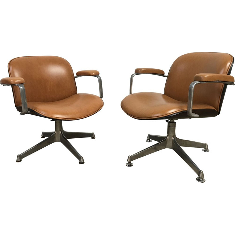 Paire de fauteuils vintage pour MIM en vinyle marron et aluminium 1960