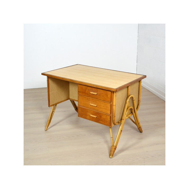 Vintage desk in rattan, wood and formica - 1950s