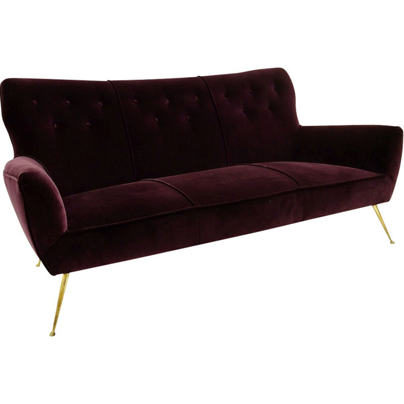 Italian vintage sofa in burgundy velvet and brass 1950