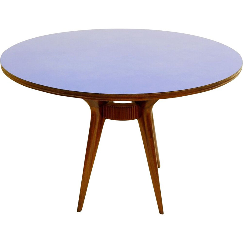 Vintage dining table round with blue formica top Italy 1950s