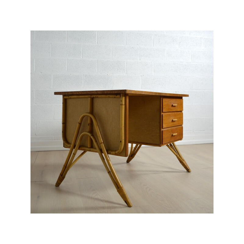 Vintage desk in rattan, wood and formica - 1950s