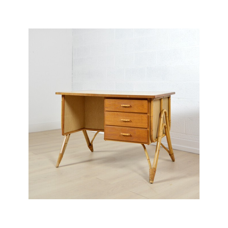 Vintage desk in rattan, wood and formica - 1950s