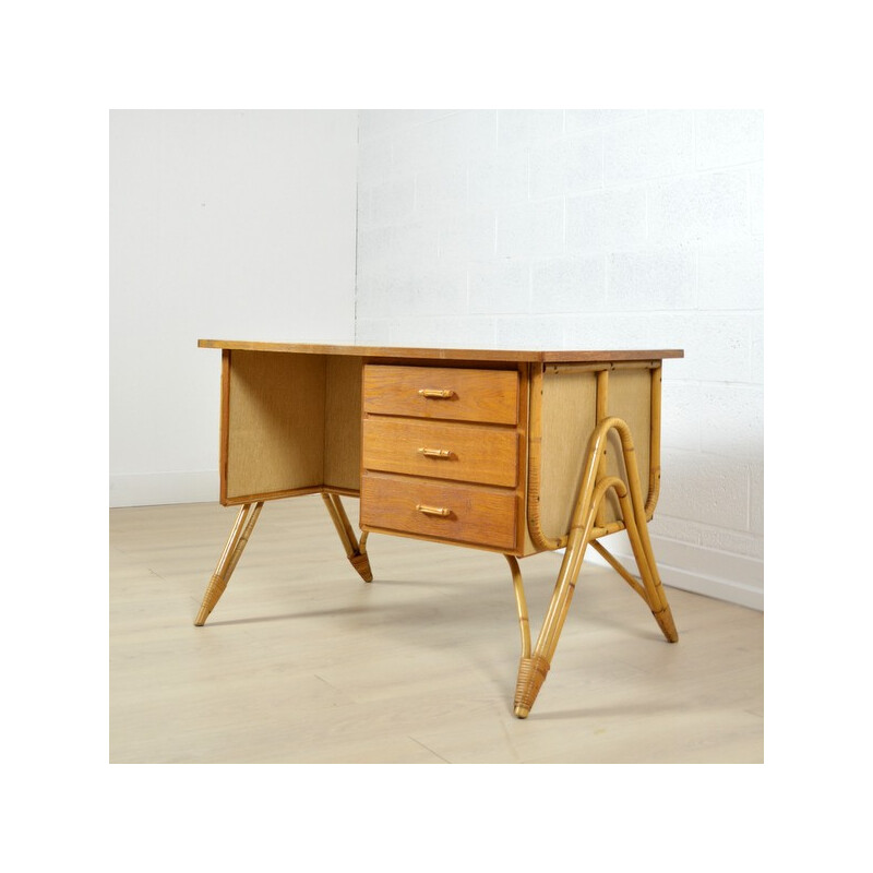 Vintage desk in rattan, wood and formica - 1950s