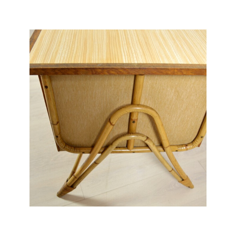 Vintage desk in rattan, wood and formica - 1950s