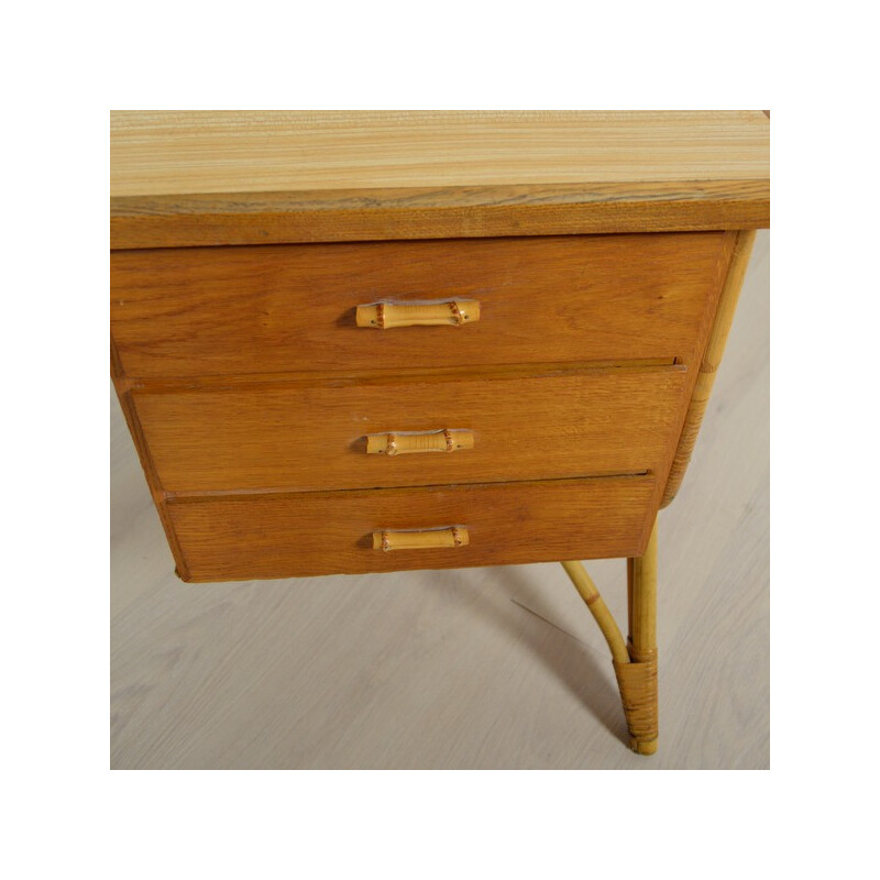 Vintage desk in rattan, wood and formica - 1950s