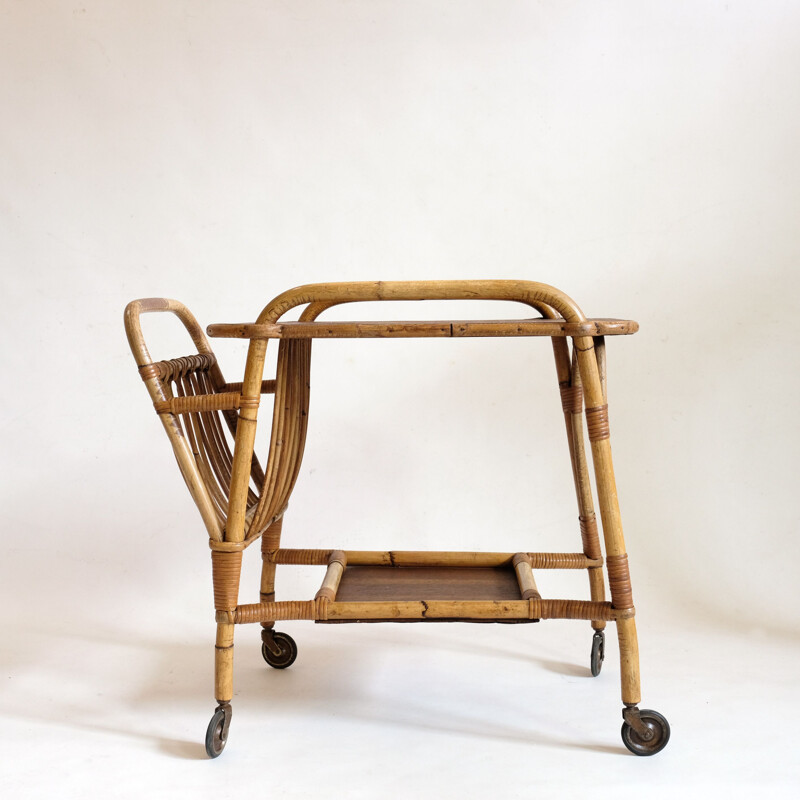 French vintage serving table in rattan 1960