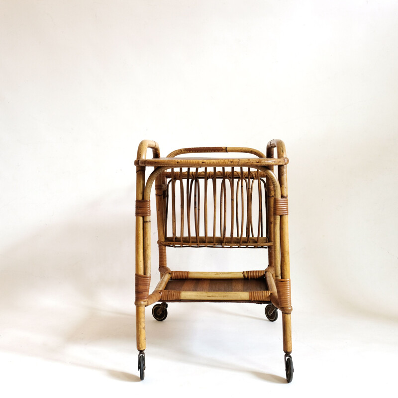 French vintage serving table in rattan 1960