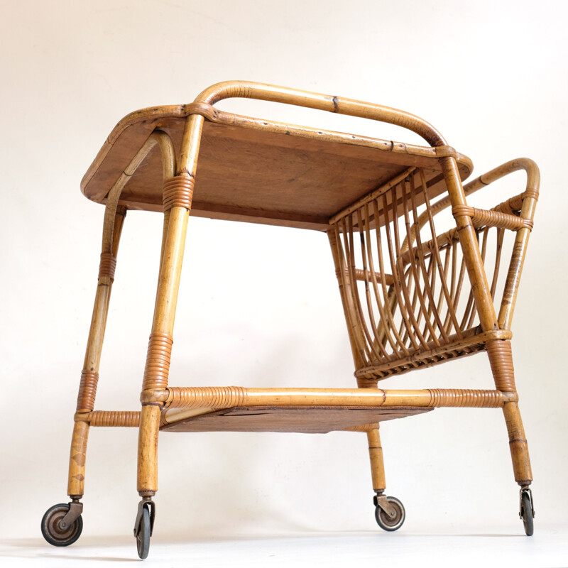 French vintage serving table in rattan 1960