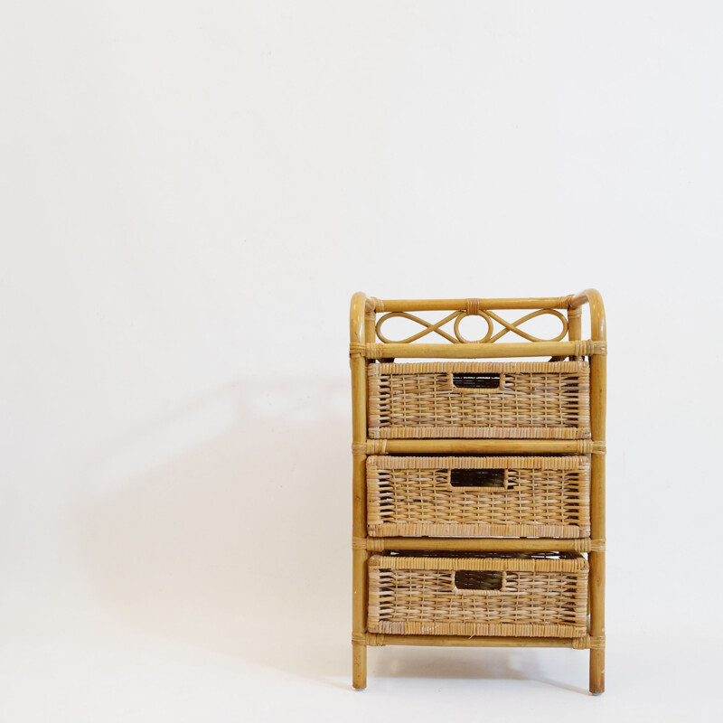 Vintage french bedside table in rattan and wicker 1970