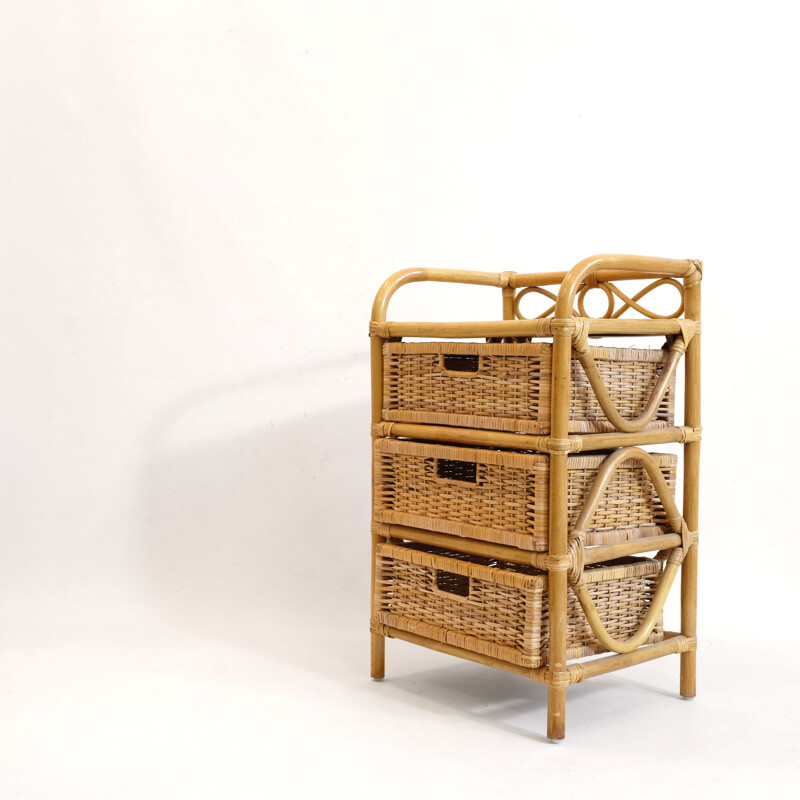 Vintage french bedside table in rattan and wicker 1970